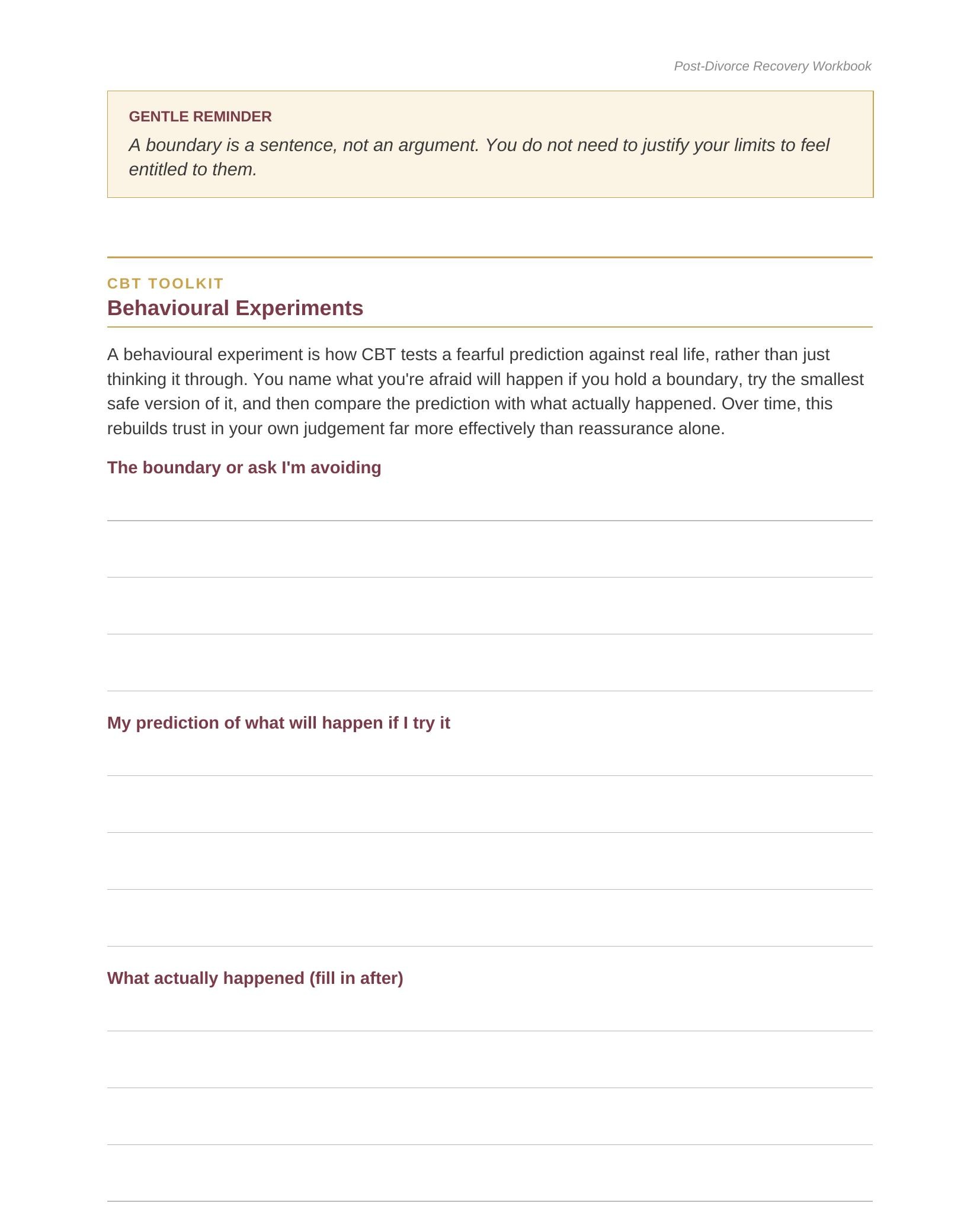 A page from Section 7's CBT Toolkit, Behavioral Experiments, with prompts for the boundary you're avoiding, your prediction of what will happen, and what actually happened.