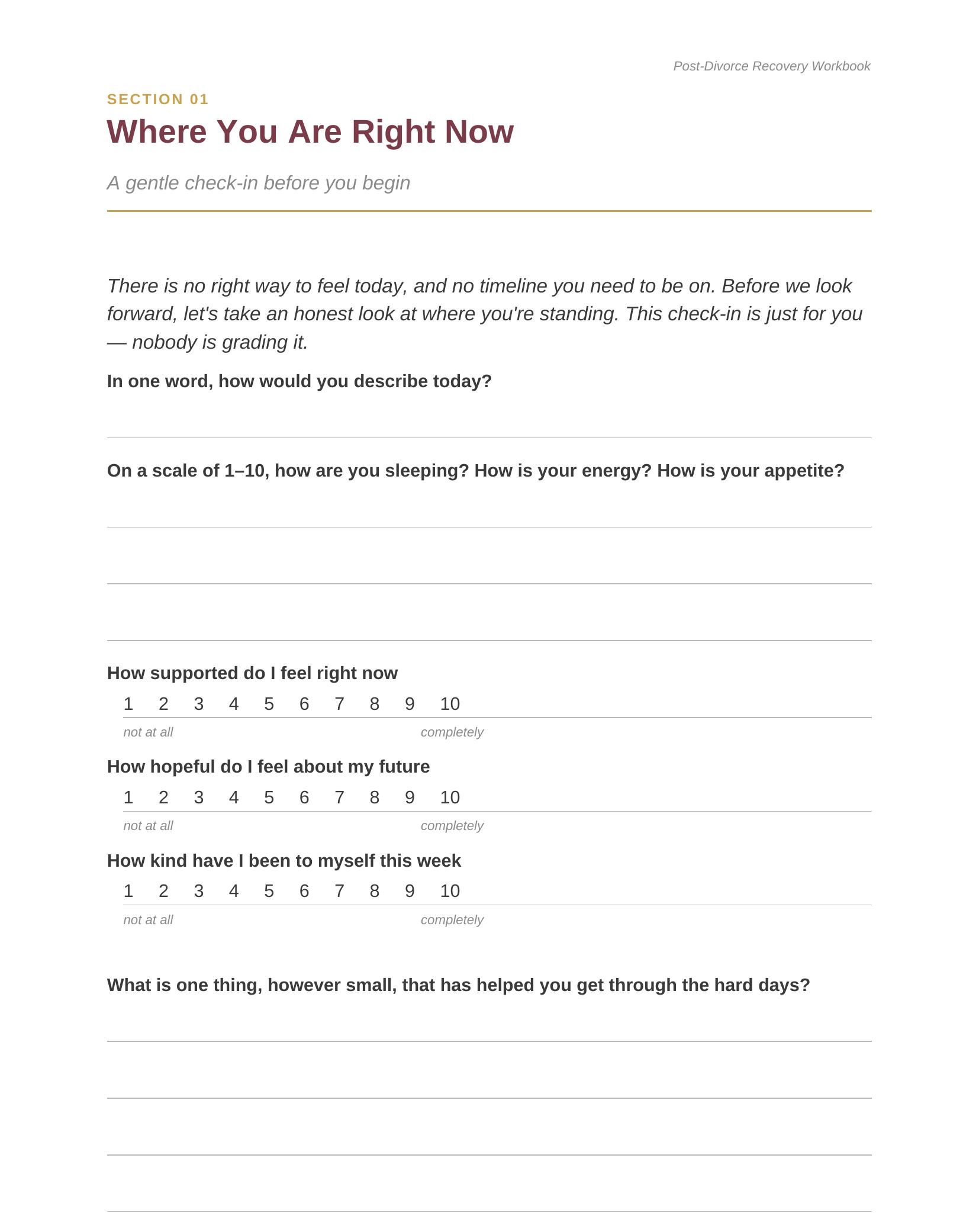 Section 1 opening page, Where You Are Right Now: a gentle check-in with several reflection prompts and 1-to-10 scales to rate how supported, hopeful, and kind to yourself you feel.