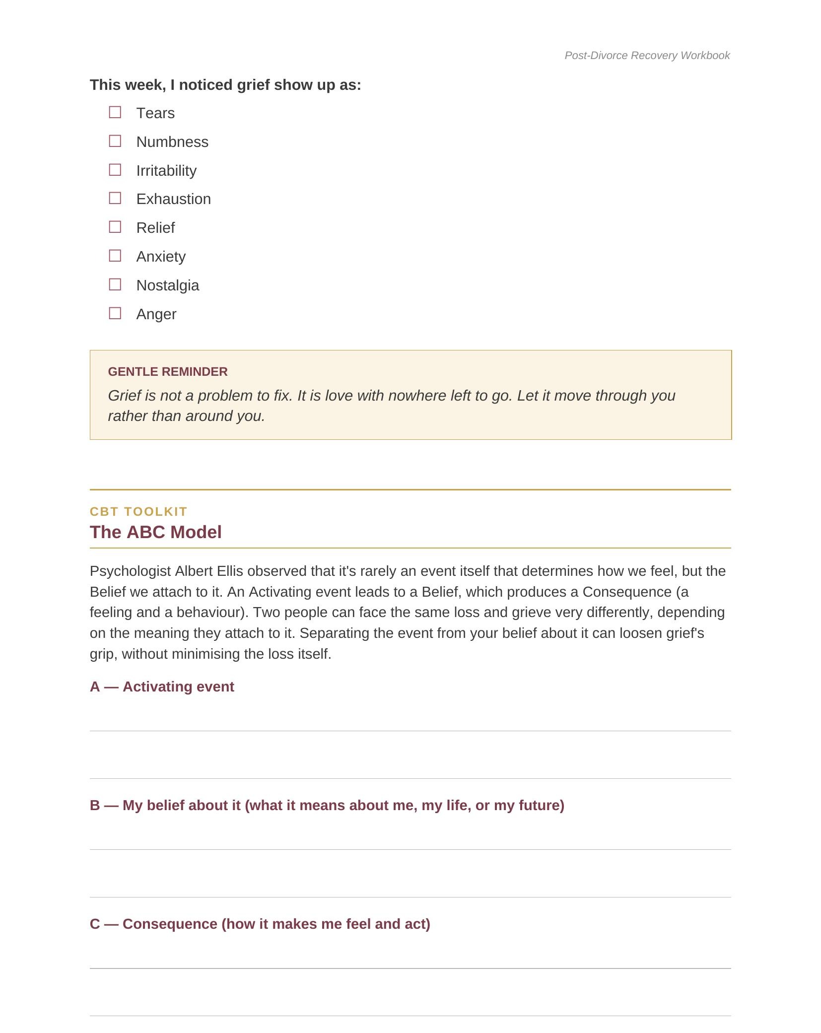 A page from Section 2 showing a checklist of how grief has shown up this week, followed by the CBT Toolkit's ABC Model exercise with prompts for the Activating event, Belief, and Consequence.